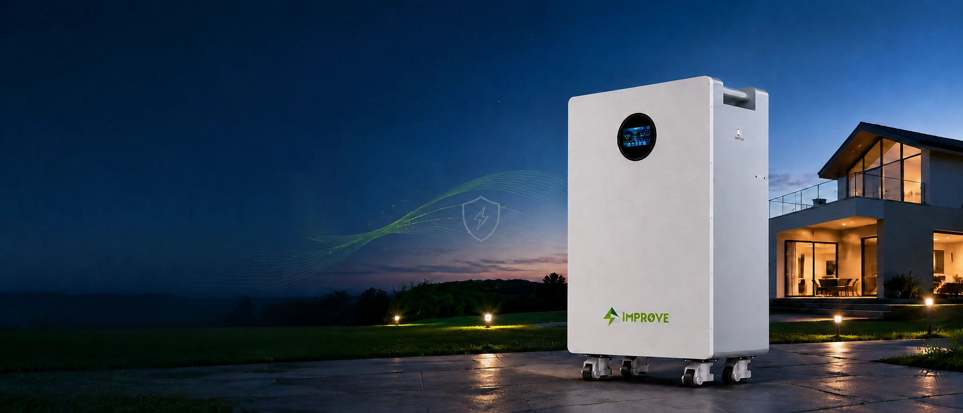 Home energy storage battery installed at a residence, floor-standing unit serving a house after dark