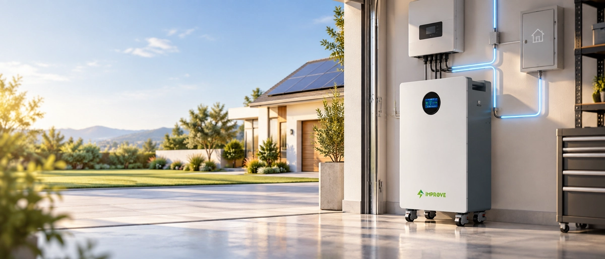 Residential energy storage installed in a garage, floor-standing battery wired to a wall-mounted hybrid inverter